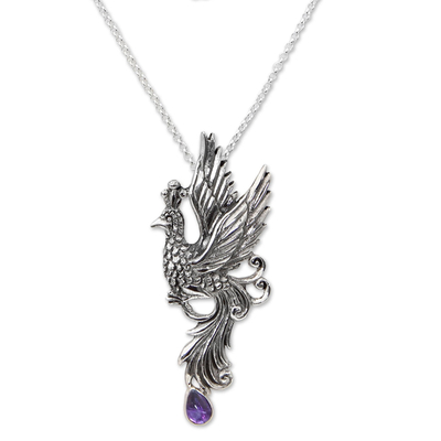 Amethyst pendant necklace, 'Peacock in Flight' - Bird Theme Sterling Silver Necklace with Amethyst