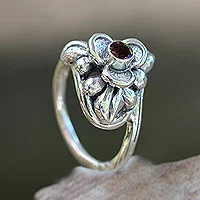 Tourmaline flower ring, 'Ubud Orchid' - Tourmaline and Silver Handcrafted Floral Ring