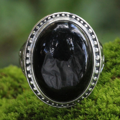 Onyx ring, 'Black Bamboo' - Onyx and Silver Ring from Indonesia