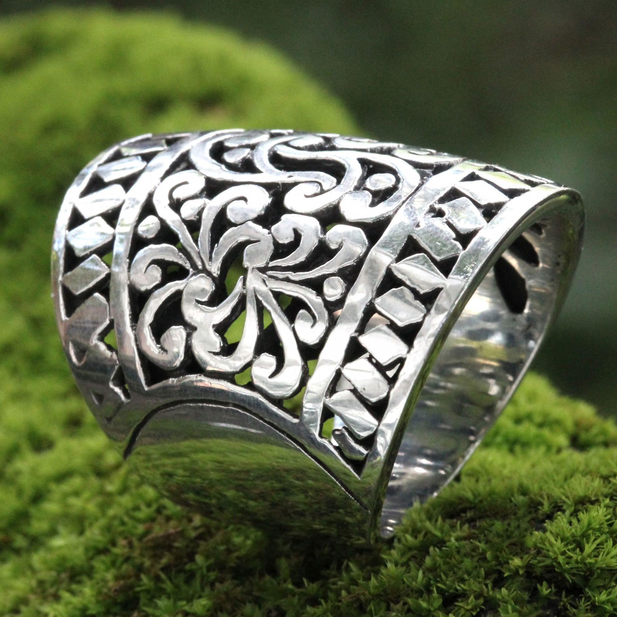 Wide Artisan Crafted Ornate Sterling Band Ring - Sangeh Forest | NOVICA