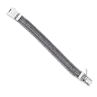 Sterling silver chain bracelet, 'Borobudur Voyage' - Multi Chain Sterling Silver Wide Bracelet from Bali Jewelry