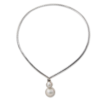 Cultured pearl necklace, 'Moon's Reflection' - Modern Bali Silver Necklace with Two White Mabe Pearls