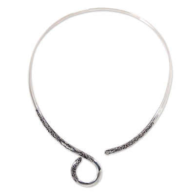 Sterling silver wrap necklace, 'Floral Serpent' - Artisan Crafted Balinese Sterling Silver Wrap Necklace