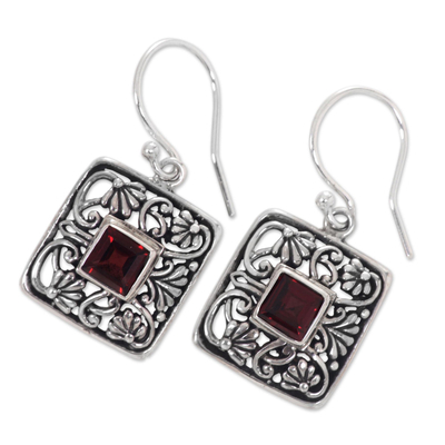 Garnet dangle earrings, 'Red Lotus Pond' - Garnet Handcrafted Balinese Sterling Silver Earrings