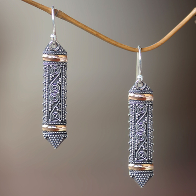 Gold accent dangle earrings, 'Dayak Shield' - Ornate Indonesian Style Silver Earrings with Gold Accents