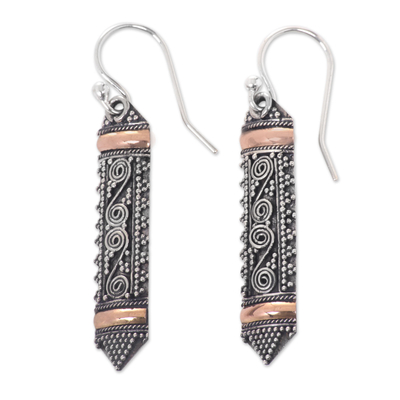 Gold accent dangle earrings, 'Dayak Shield' - Ornate Indonesian Style Silver Earrings with Gold Accents