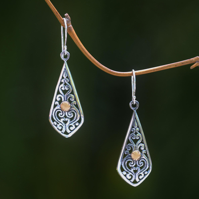 Gold accent dangle earrings, 'Into the Light' - Artisan Crafted 18k Gold Accent Balinese Silver Earrings