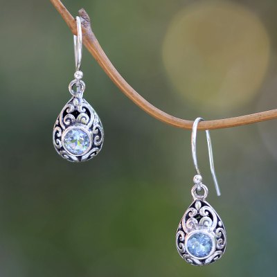 Blue topaz dangle earrings, 'Balinese Scarab' - Balinese Handcrafted Blue Topaz and Sterling Silver Earrings