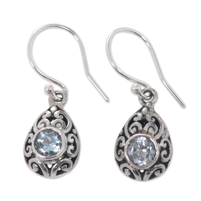 Blue topaz dangle earrings, 'Balinese Scarab' - Balinese Handcrafted Blue Topaz and Sterling Silver Earrings