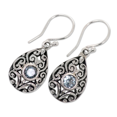 Blue topaz dangle earrings, 'Balinese Scarab' (1.2 inches) - Balinese Ornate Silver Handcrafted Blue Topaz Earrings