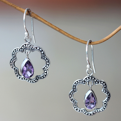 Amethyst dangle earrings, 'Flower Halo' - Floral Fair Trade Silver Earrings with Amethyst