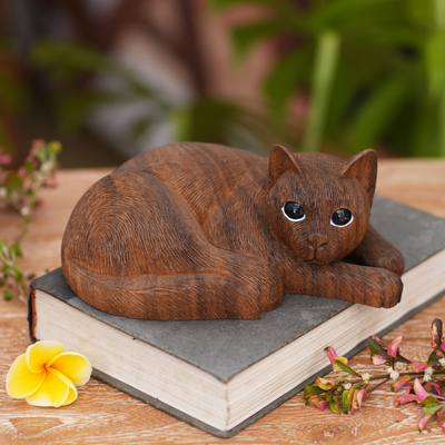 Wood sculpture, 'Sweet Ginger Tabby' - Hand Carved and Painted Cat Sculpture in Wood