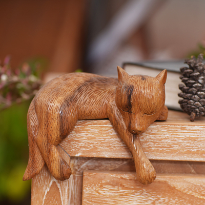 Wood sculpture, 'Shaggy Kintamani Dog' - Hand Carved and Painted Sleeping Dog Sculpture in Wood