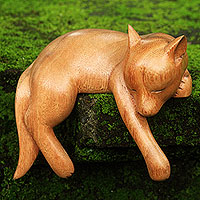 Wood sculpture, 'Sleepy Kintamani Dog' - Artisan Carved Balinese Wood Sculpture of a Dog