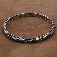 Artisan Crafted Sterling Silver Bangle Bracelet,'Temple'