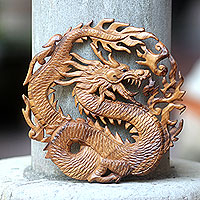 Wood relief panel, 'Dragon of Fire' - Hand Carved Suar Wood Balinese Dragon Relief Panel