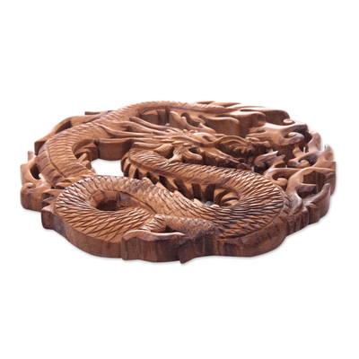 Holzreliefplatte 'Drache des Feuers' - Balinesische handgeschnitzte Drachen-Relieftafel aus Suarholz