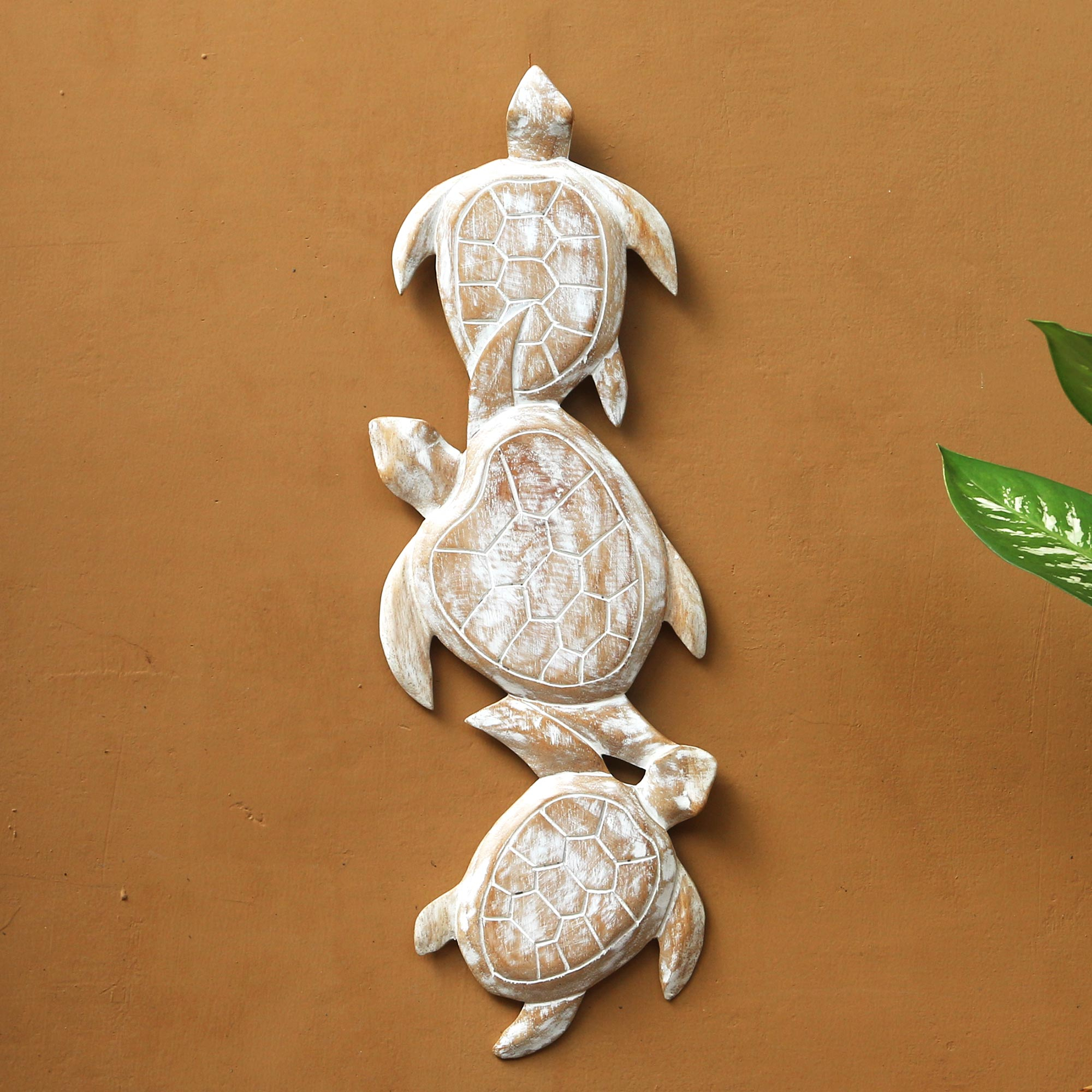 Antiqued White Wood Turtle Theme Relief Panel Carving - Sea Turtle