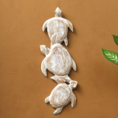Wood relief panel, 'Sea Turtle Trio' - Antiqued White Wood Turtle Theme Relief Panel Carving