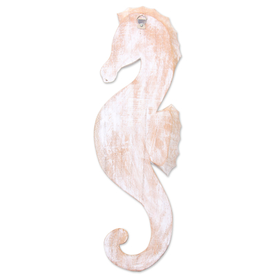 Wood relief panel, 'White Seahorse' - Bali Wood Seahorse Relief Panel Wall Sculpture