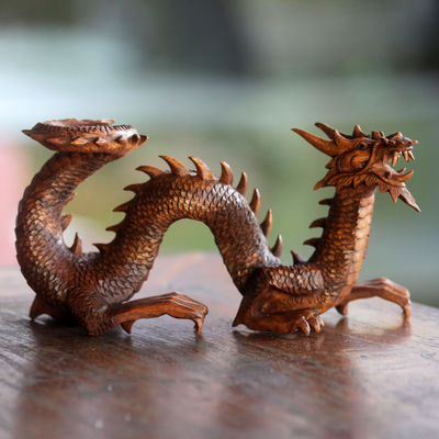 Wood sculpture, 'Walking Dragon' - Artisan Hand Carved Balinese Dragon Sculpture