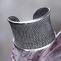 Sterling silver cuff bracelet, 'Bamboo Lattice' - Handcrafted Sterling Silver Woven Cuff Bracelet