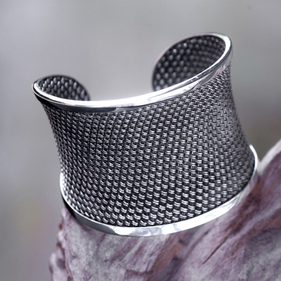 Sterling silver cuff bracelet, 'Bamboo Lattice' - Handcrafted Sterling Silver Woven Cuff Bracelet
