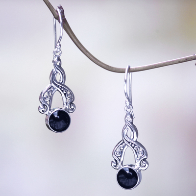 Onyx dangle earrings, 'Midnight Embrace' - Handcrafted Silver and Onyx Dangle Earrings from Bali
