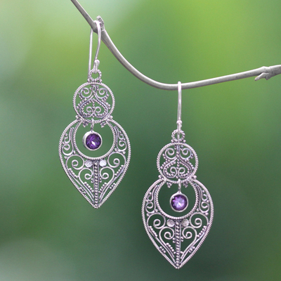 Amethyst dangle earrings, 'Majapahit Glory' - Amethyst and Sterling Silver Dangle Earrings from Bali