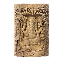 Wood relief panel, 'Meditating Ganesha' - Highly Detailed Balinese Relief Panel Depicting Ganesha
