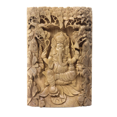 Wood relief panel, Meditating Ganesha