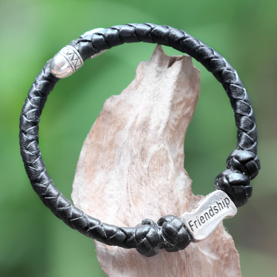 Leather and sterling silver wrap bracelet, 'Friendship in Black' - Sterling Silver Hand Braided Black Leather Bracelet