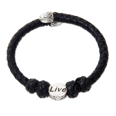 Leather and sterling silver wrap bracelet, 'Live in Black' - Hand Braided Black Leather and Sterling Silver Bracelet