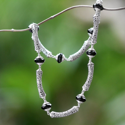 Onyx link necklace, 'Borobudur Incantation' - Sterling Silver Link Necklace with Onyx Artisan Jewelry