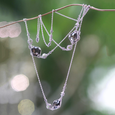 Smoky quartz and peridot station necklace, 'Barabay Kites' - Sterling Silver Necklace with Smoky Quartz and Peridot