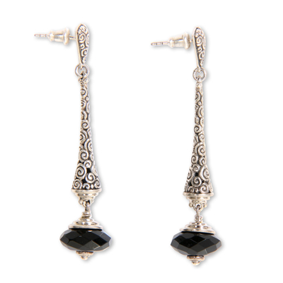 Onyx dangle earrings, 'Borobudur Chimes' - 2.5-inch Long Sterling Silver Earrings with Onyx from Bali