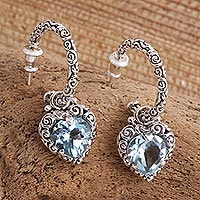 Blue topaz half hoop heart earrings, 'Love Sparkles'