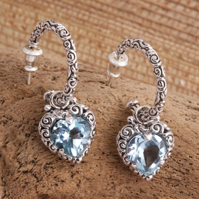 Blue topaz half hoop heart earrings, 'Love Sparkles' - Blue Topaz Hearts in Sterling Silver Half Hoop Earrings