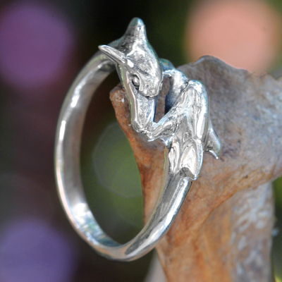 Sterling silver band ring, 'Dolphin Romance' - Sterling Silver Dolphin Band Ring Balinese Artisan Jewelry
