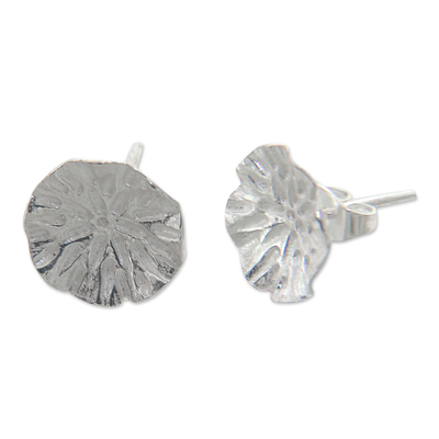 Sterling silver button earrings, 'Pennywort Leaf' - Bali Handcrafted Sterling Silver Leaf Earrings