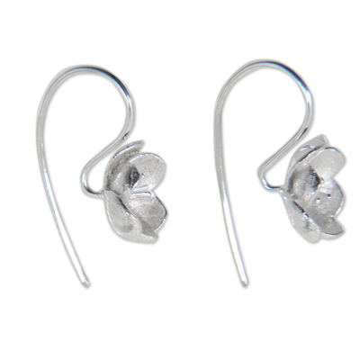 Sterling silver drop earrings, 'Petite Camellia' - Sterling Silver Drop Earrings from Bali