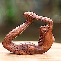 Wood sculpture, 'Dhanurasana Mermaid'