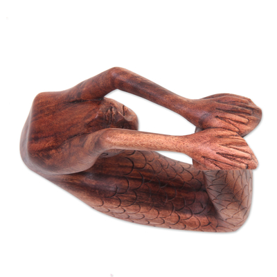 Wood sculpture, 'Dhanurasana Mermaid' - Signed Balinese Mermaid Sculpture Carved in Wood