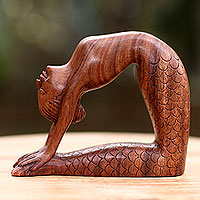 Hand Carved Signed Balinese Mermaid Sculpture,'Ustrasana Mermaid'