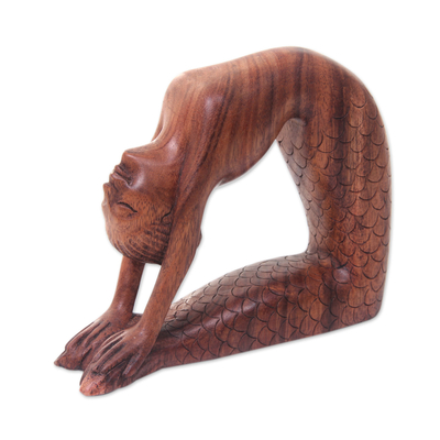 Wood sculpture, 'Ustrasana Mermaid' - Hand Carved Signed Balinese Mermaid Sculpture