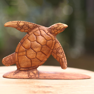 Holzskulptur - Handgeschnitzte Holzskulptur Schildkröte auf Surfbrett aus Bali