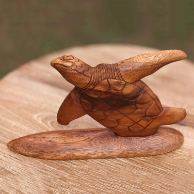 Wood sculpture, 'Surfer Turtle' - Hand Carved Wood Sculpture Turtle on Surf Board from Bali