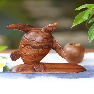 Wood sculpture, 'Surfer Turtle' - Hand Carved Wood Sculpture Turtle on Surf Board from Bali
