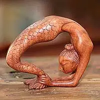 Wood sculpture, 'Setu Bandha Sirsasana Mermaid'