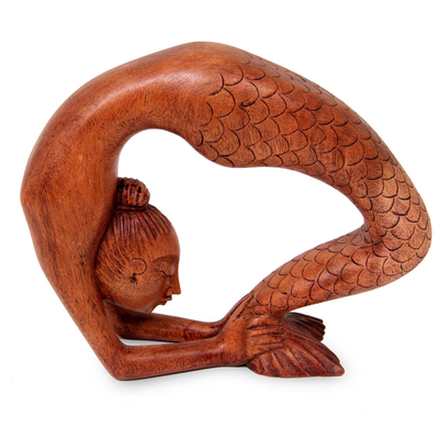 Wood sculpture, 'Setu Bandha Sirsasana Mermaid' - Signed Mermaid Wood Sculpture from Bali